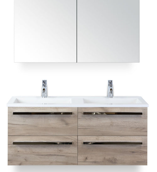 Badmeubelset 120 cm breed - bestaande uit: wastafelkast 4 laden, dubbele kunststeen wastafel Thin en spiegelkast
