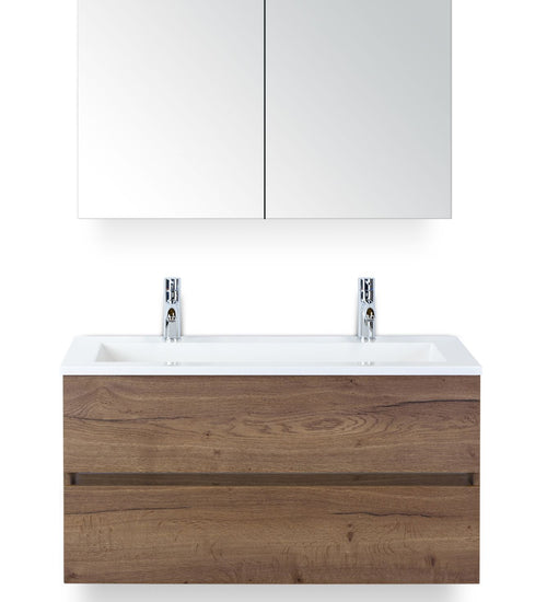 Badmeubelset 100 cm breed - bestaande uit: wastafelkast 2 laden greeploos, kunststeen wastafel Thin met 2 kraangaten en spiegelkast