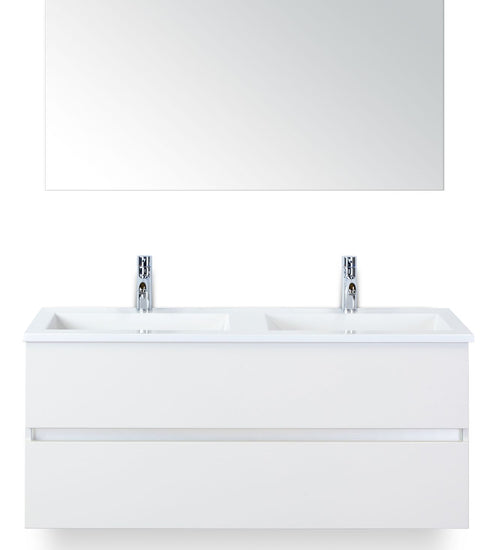 Badmeubelset 120 cm breed - bestaande uit: wastafelkast 2 laden greeploos, dubbele kunststeen wastafel Thin en spiegel