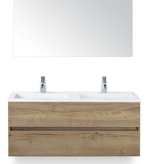 Badmeubelset 120 cm breed - bestaande uit: wastafelkast 2 laden greeploos, dubbele kunststeen wastafel Thin en spiegel