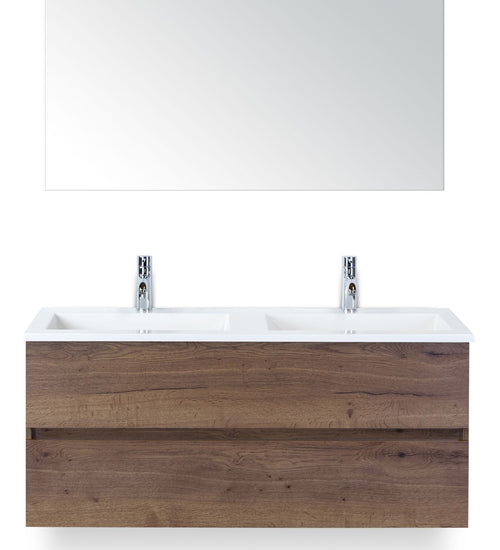 Badmeubelset 120 cm breed - bestaande uit: wastafelkast 2 laden greeploos, dubbele kunststeen wastafel Thin en spiegel