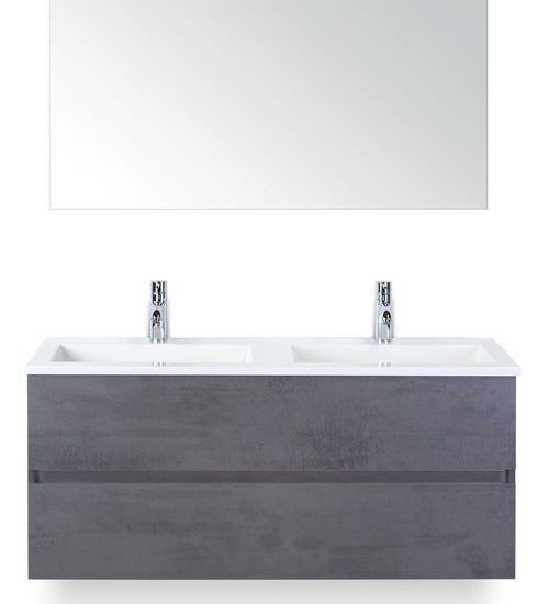 Badmeubelset 120 cm breed - bestaande uit: wastafelkast 2 laden greeploos, dubbele kunststeen wastafel Thin en spiegel