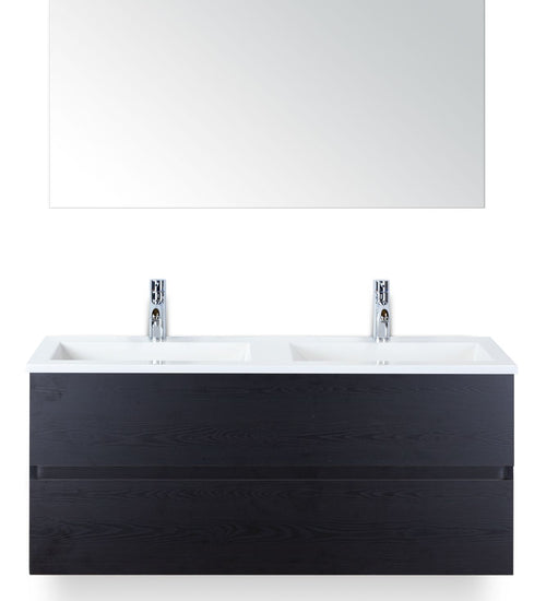 Badmeubelset 120 cm breed - bestaande uit: wastafelkast 2 laden greeploos, dubbele kunststeen wastafel Thin en spiegel