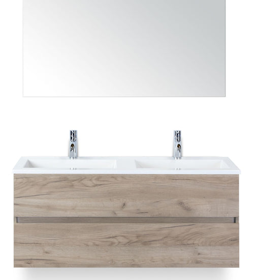 Badmeubelset 120 cm breed - bestaande uit: wastafelkast 2 laden greeploos, dubbele kunststeen wastafel Thin en spiegel
