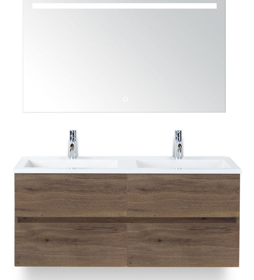 Badmeubelset 120 cm breed - bestaande uit: wastafelkast 4 laden greeploos, dubbele kunststeen wastafel Thin en spiegel met één horizontale verlichtingsbalk (LED)