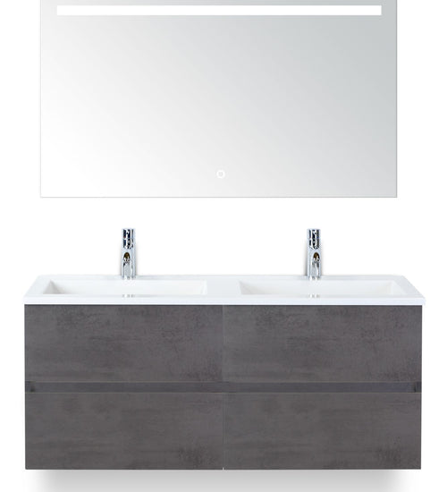 Badmeubelset 120 cm breed - bestaande uit: wastafelkast 4 laden greeploos, dubbele kunststeen wastafel Thin en spiegel met één horizontale verlichtingsbalk (LED)