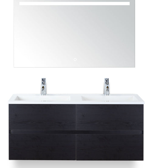 Badmeubelset 120 cm breed - bestaande uit: wastafelkast 4 laden greeploos, dubbele kunststeen wastafel Thin en spiegel met één horizontale verlichtingsbalk (LED)