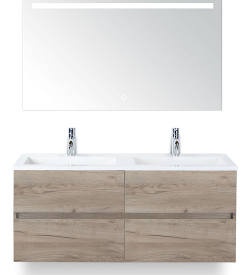 Badmeubelset 120 cm breed - bestaande uit: wastafelkast 4 laden greeploos, dubbele kunststeen wastafel Thin en spiegel met één horizontale verlichtingsbalk (LED)