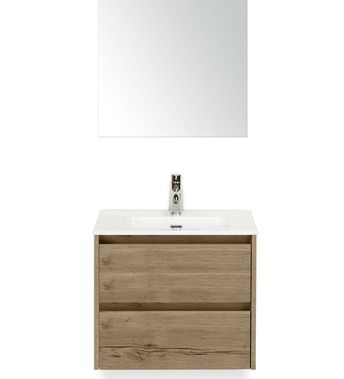 Badmeubelset 60 cm breed - bestaande uit: wastafelkast 2 laden, keramische wastafel Cover met kraangat en luxe spiegel