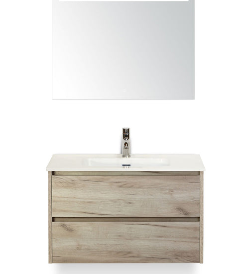 Badmeubelset 80 cm breed - bestaande uit: wastafelkast 2 laden, keramische wastafel Cover met kraangat en luxe spiegel