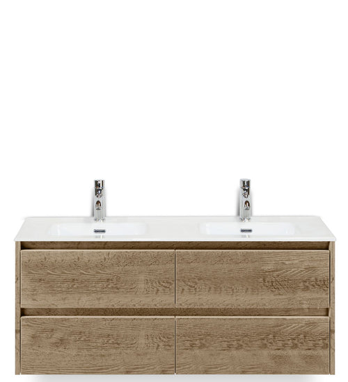 Badmeubelset 120 cm breed - bestaande uit: wastafelkast 4 laden en dubbele keramische wastafel Cover met kraangaten