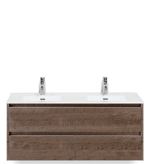 Badmeubelset 120 cm breed - bestaande uit: wastafelkast 4 laden en dubbele keramische wastafel Cover met kraangaten