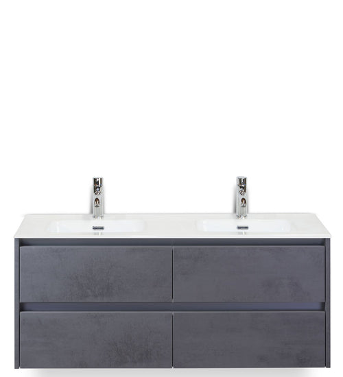 Badmeubelset 120 cm breed - bestaande uit: wastafelkast 4 laden en dubbele keramische wastafel Cover met kraangaten