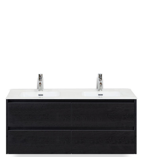 Badmeubelset 120 cm breed - bestaande uit: wastafelkast 4 laden en dubbele keramische wastafel Cover met kraangaten