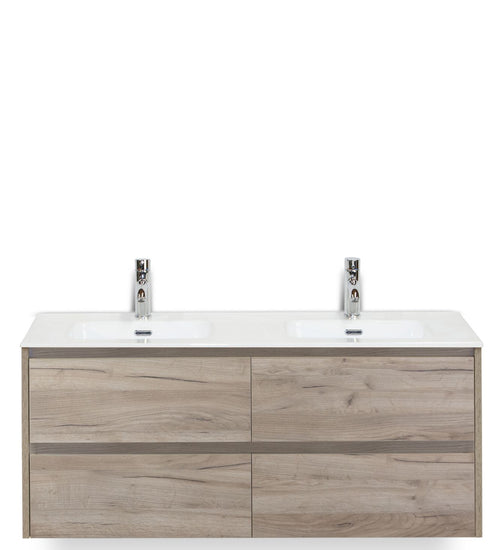 Badmeubelset 120 cm breed - bestaande uit: wastafelkast 4 laden en dubbele keramische wastafel Cover met kraangaten