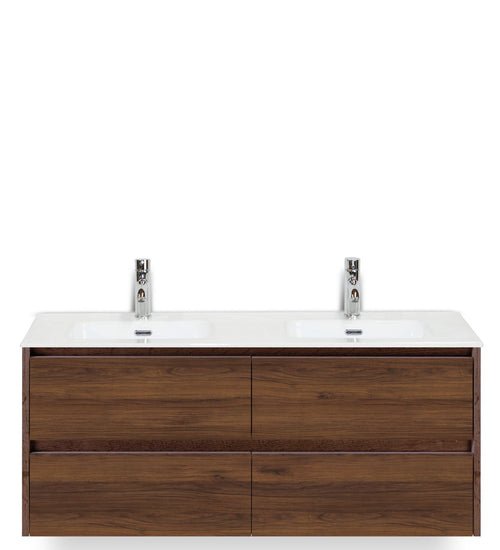 Badmeubelset 120 cm breed - bestaande uit: wastafelkast 4 laden en dubbele keramische wastafel Cover met kraangaten