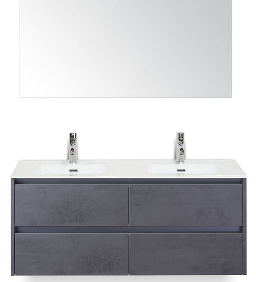 Badmeubelset 120 cm breed - bestaande uit: wastafelkast 4 laden, dubbele keramische wastafel Cover met kraangaten en standaard spiegel