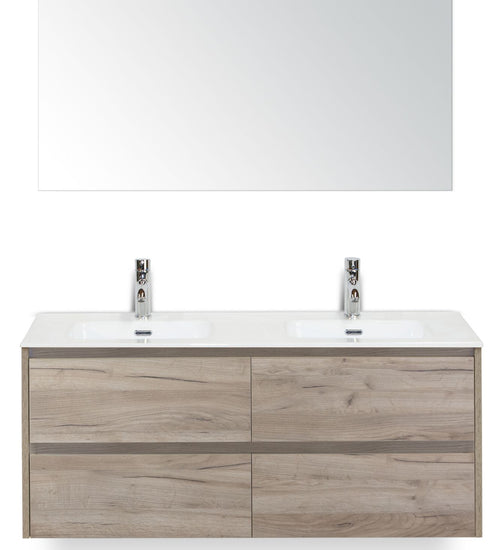 Badmeubelset 120 cm breed - bestaande uit: wastafelkast 4 laden, dubbele keramische wastafel Cover met kraangaten en standaard spiegel