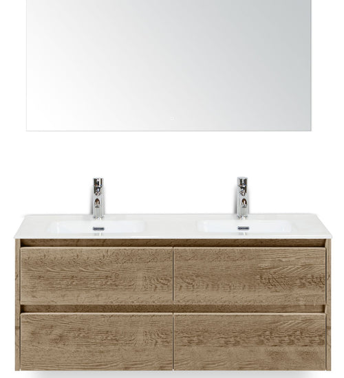 Badmeubelset 120 cm breed - bestaande uit: wastafelkast 4 laden, dubbele keramische wastafel Cover met kraangaten en luxe spiegel