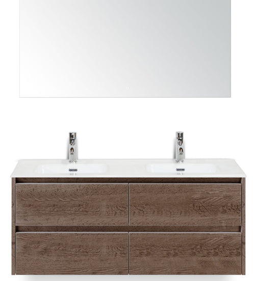 Badmeubelset 120 cm breed - bestaande uit: wastafelkast 4 laden, dubbele keramische wastafel Cover met kraangaten en luxe spiegel