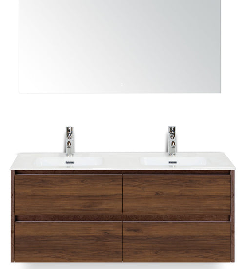 Badmeubelset 120 cm breed - bestaande uit: wastafelkast 4 laden, dubbele keramische wastafel Cover met kraangaten en luxe spiegel