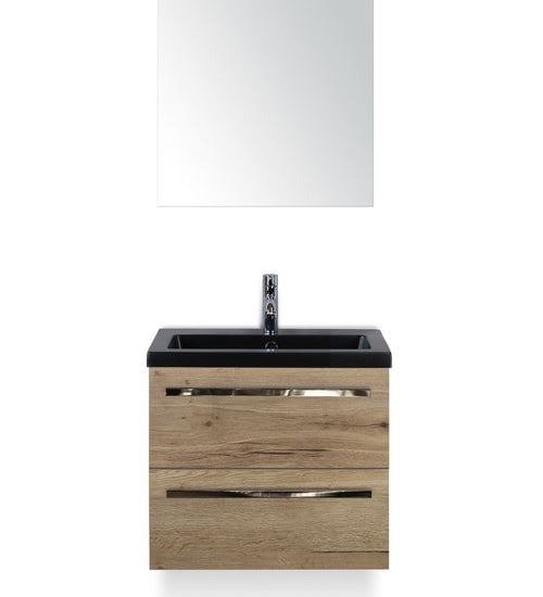 Badmeubelset 60 cm breed - bestaande uit: wastafelkast 2 laden, keramische wastafel Djazz in zwart mat en spiegel
