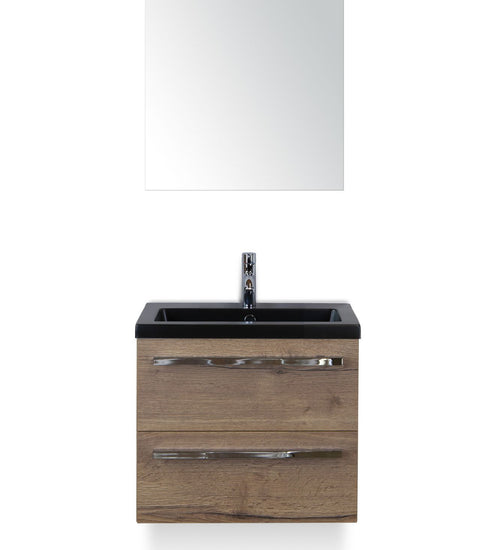 Badmeubelset 60 cm breed - bestaande uit: wastafelkast 2 laden, keramische wastafel Djazz in zwart mat en spiegel