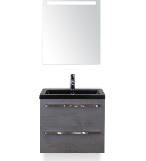 Badmeubelset 60 cm breed - bestaande uit: wastafelkast 2 laden, keramische wastafel Djazz in zwart mat en spiegel met één horizontale verlichtingsbalk (LED)