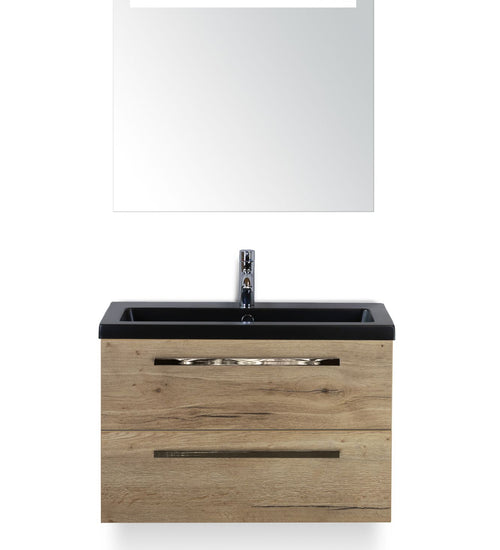 Badmeubelset 80 cm breed - bestaande uit: wastafelkast 2 laden, keramische wastafel Djazz in zwart mat en spiegel met één horizontale verlichtingsbalk (LED)