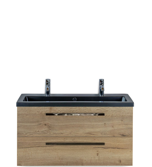 Badmeubelset 100 cm breed - bestaande uit: wastafelkast 2 laden en keramische wastafel Djazz in zwart mat met 2 kraangaten
