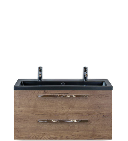 Badmeubelset 100 cm breed - bestaande uit: wastafelkast 2 laden en keramische wastafel Djazz in zwart mat met 2 kraangaten