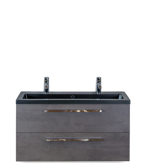 Badmeubelset 100 cm breed - bestaande uit: wastafelkast 2 laden en keramische wastafel Djazz in zwart mat met 2 kraangaten