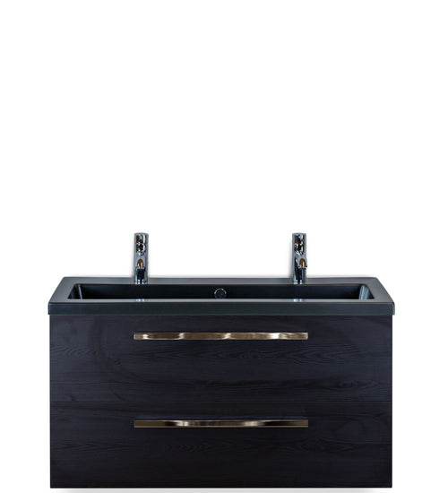 Badmeubelset 100 cm breed - bestaande uit: wastafelkast 2 laden en keramische wastafel Djazz in zwart mat met 2 kraangaten