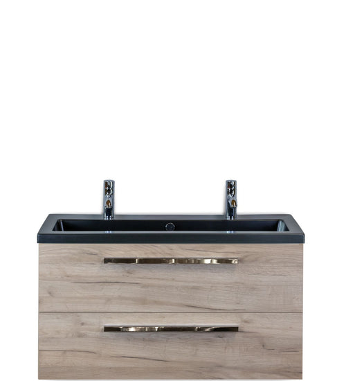 Badmeubelset 100 cm breed - bestaande uit: wastafelkast 2 laden en keramische wastafel Djazz in zwart mat met 2 kraangaten