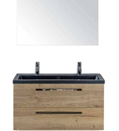 Badmeubelset 100 cm breed - bestaande uit: wastafelkast 2 laden, keramische wastafel Djazz in zwart mat met 2 kraangaten en spiegel