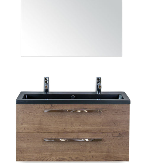Badmeubelset 100 cm breed - bestaande uit: wastafelkast 2 laden, keramische wastafel Djazz in zwart mat met 2 kraangaten en spiegel