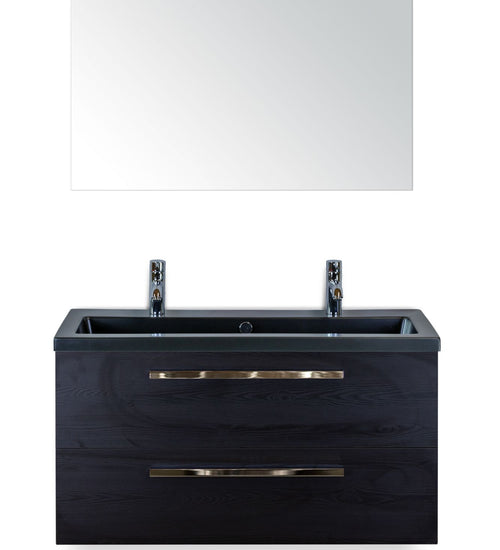 Badmeubelset 100 cm breed - bestaande uit: wastafelkast 2 laden, keramische wastafel Djazz in zwart mat met 2 kraangaten en spiegel