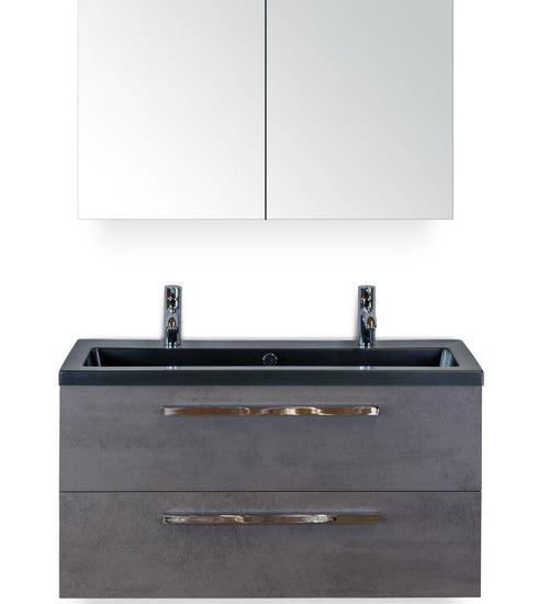 Badmeubelset 100 cm breed - bestaande uit: wastafelkast 2 laden, keramische wastafel Djazz in zwart mat met 2 kraangaten en spiegelkast