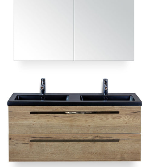 Badmeubelset 120 cm breed - bestaande uit: wastafelkast 2 laden, dubbele keramische wastafel Djazz in zwart mat en spiegelkast