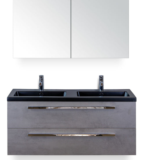 Badmeubelset 120 cm breed - bestaande uit: wastafelkast 2 laden, dubbele keramische wastafel Djazz in zwart mat en spiegelkast