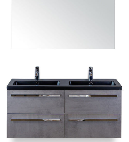 Badmeubelset 120 cm breed - bestaande uit: wastafelkast 4 laden, dubbele keramische wastafel Djazz in zwart mat en spiegel