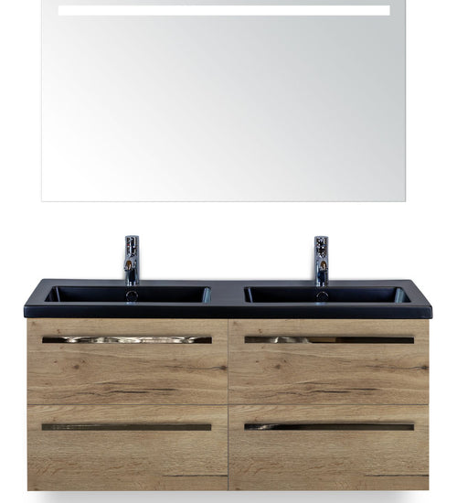Badmeubelset 120 cm breed - bestaande uit: wastafelkast 4 laden, dubbele keramische wastafel Djazz in zwart mat en spiegel met één horizontale verlichtingsbalk (LED)