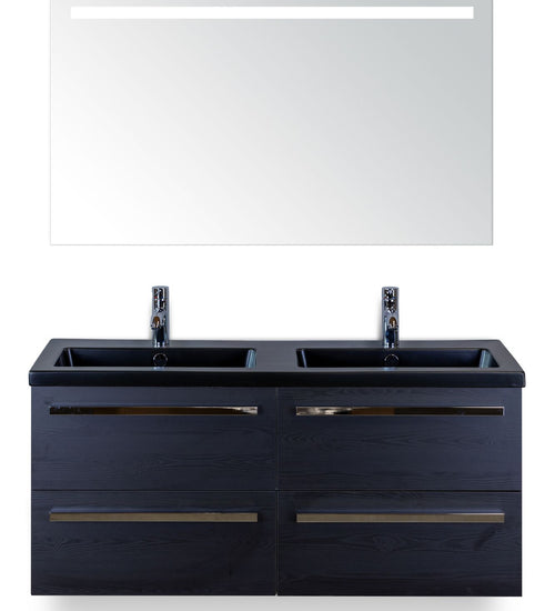 Badmeubelset 120 cm breed - bestaande uit: wastafelkast 4 laden, dubbele keramische wastafel Djazz in zwart mat en spiegel met één horizontale verlichtingsbalk (LED)