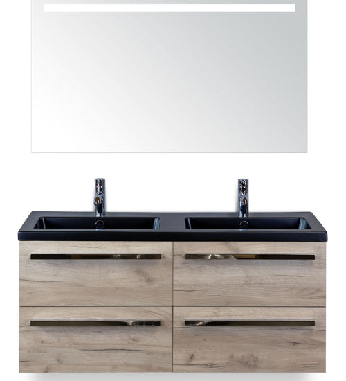 Badmeubelset 120 cm breed - bestaande uit: wastafelkast 4 laden, dubbele keramische wastafel Djazz in zwart mat en spiegel met één horizontale verlichtingsbalk (LED)