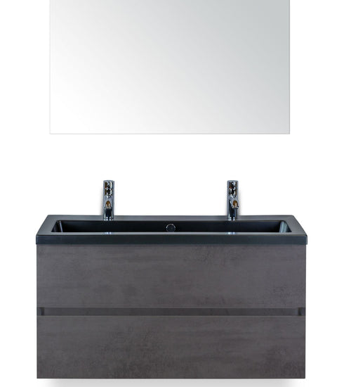 Badmeubelset 100 cm breed - bestaande uit: wastafelkast 2 laden greeploos, keramische wastafel Djazz in zwart mat met 2 kraangaten en spiegel