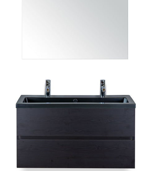 Badmeubelset 100 cm breed - bestaande uit: wastafelkast 2 laden greeploos, keramische wastafel Djazz in zwart mat met 2 kraangaten en spiegel