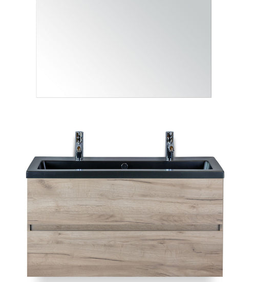 Badmeubelset 100 cm breed - bestaande uit: wastafelkast 2 laden greeploos, keramische wastafel Djazz in zwart mat met 2 kraangaten en spiegel