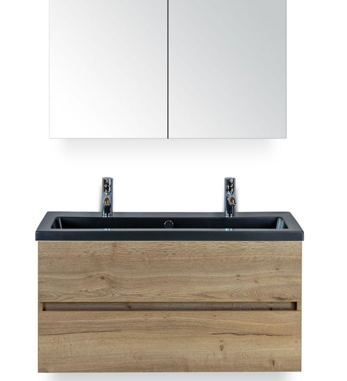 Badmeubelset 100 cm breed - bestaande uit: wastafelkast 2 laden greeploos, keramische wastafel Djazz in zwart mat met 2 kraangaten en spiegelkast