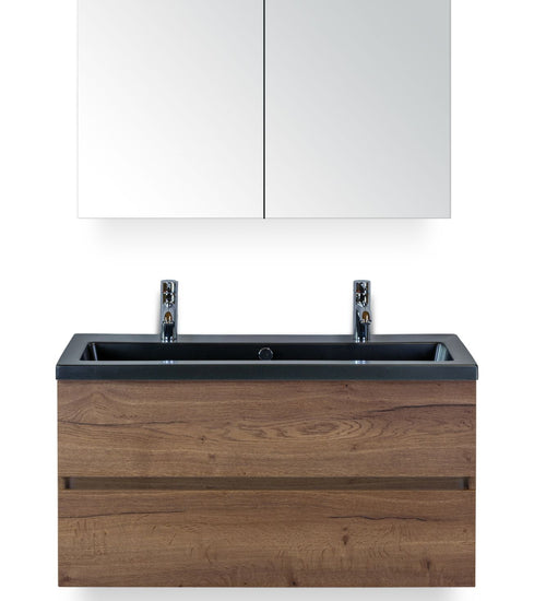 Badmeubelset 100 cm breed - bestaande uit: wastafelkast 2 laden greeploos, keramische wastafel Djazz in zwart mat met 2 kraangaten en spiegelkast