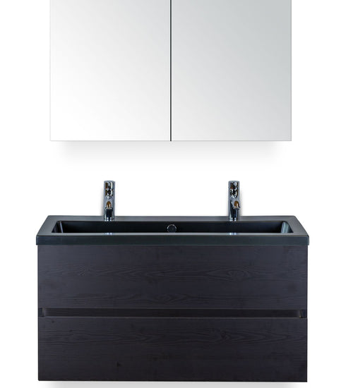 Badmeubelset 100 cm breed - bestaande uit: wastafelkast 2 laden greeploos, keramische wastafel Djazz in zwart mat met 2 kraangaten en spiegelkast